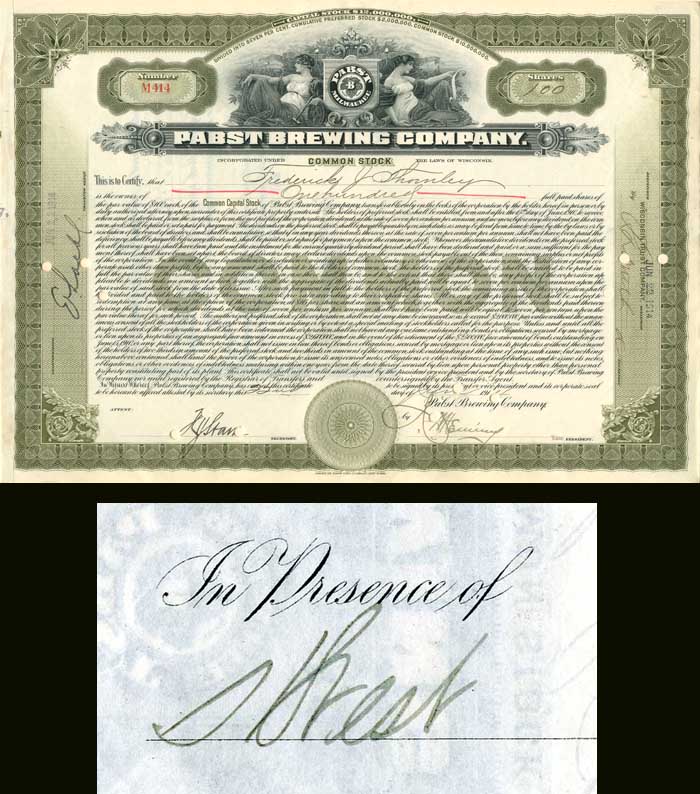 Pabst Brewing Co. signed by Henry Best - Stock Certificate